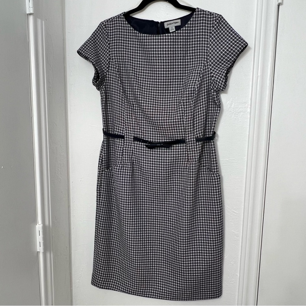Shelby & Palmer Career Style Dress, Woven Navy and White Print 100%‎ polyester